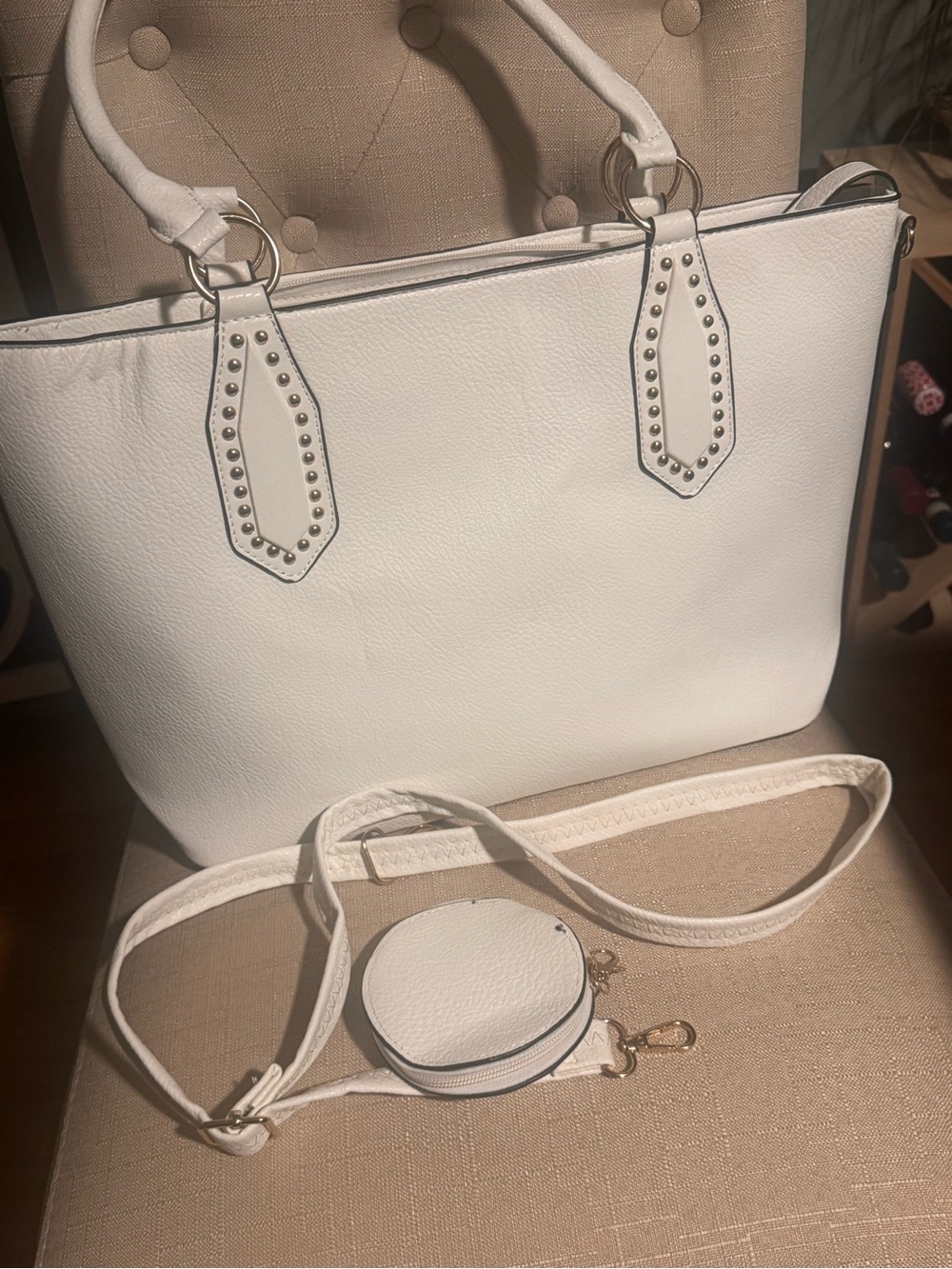 White Women's Tote Bag with studded design & Removable Crossbody and Coin Pouch